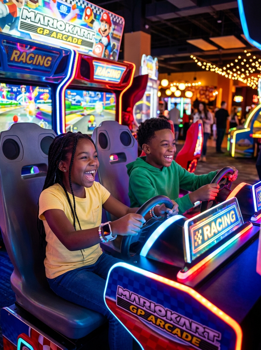 Black children happily playing arcade games at Moon Palace Ocho Rios