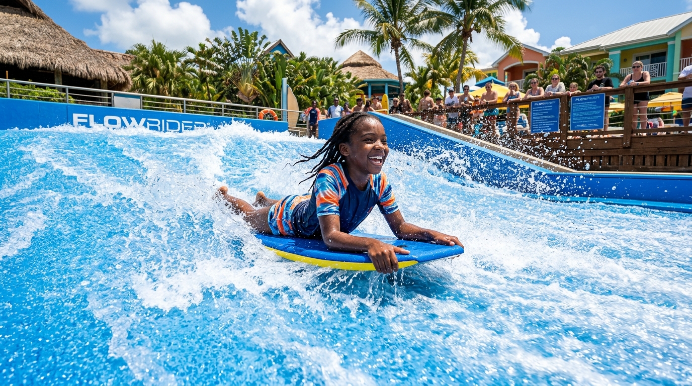 A child having fun riding the FlowRider wave simulator at Moon Palace Ocho Rios