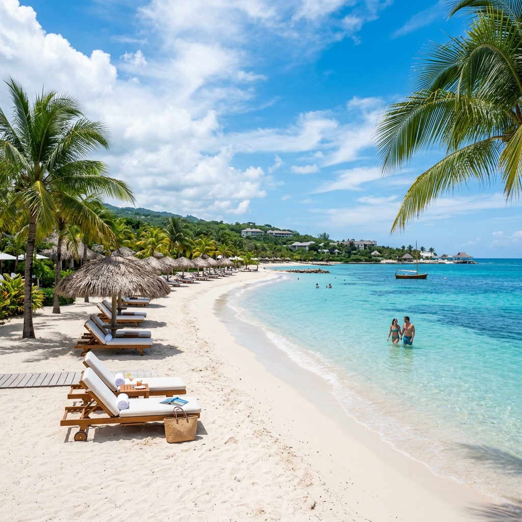 Family playing on the private white sand beach in Jamaica