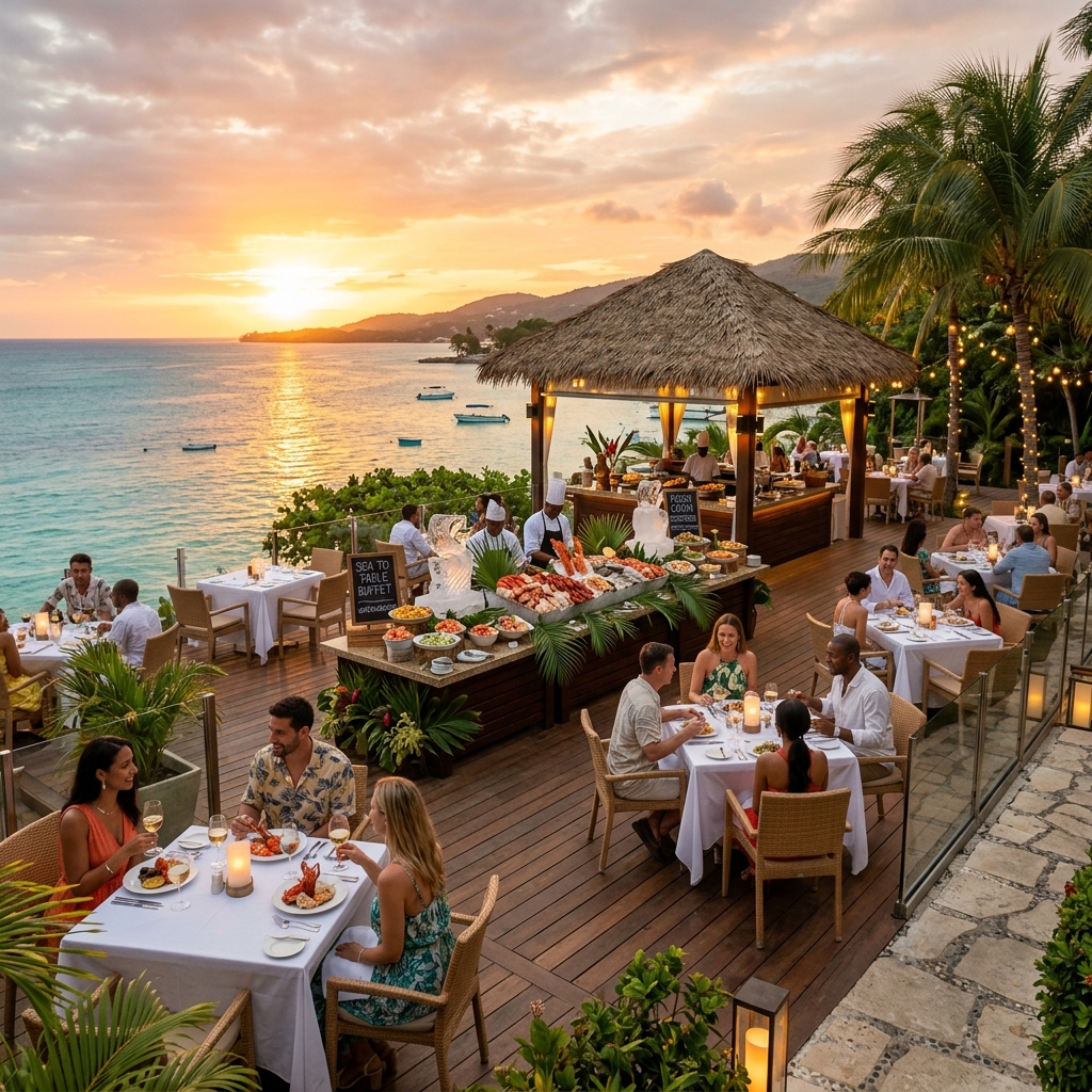 Gourmet all-inclusive buffet with tropical view
